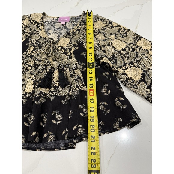 Muse‎ Republic Paisley Boho Hippie Balloon Sleeve Lace Up Top XS Tasssled Hippie - Picture 7 of 9